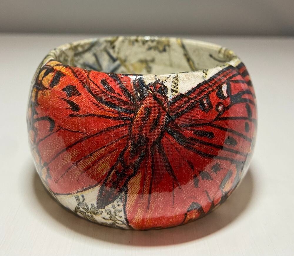 Handmade Decoupage Red Monarch Butterfly Bangle Cottagecore Bracelet 2" Width